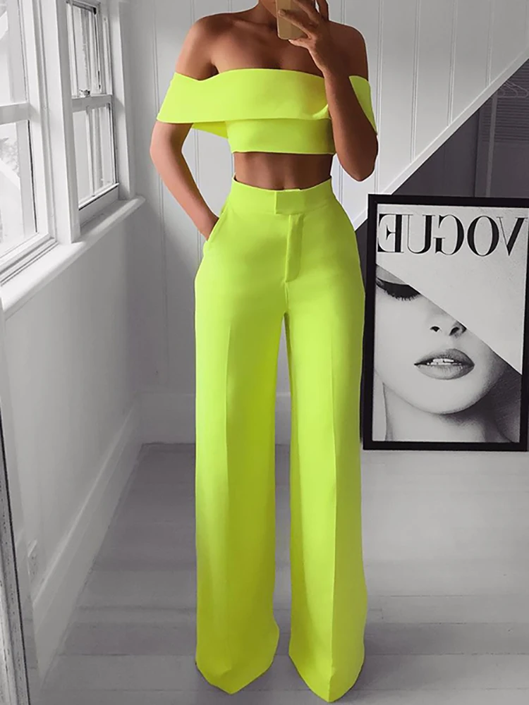 2022 Summer Solid Casual Two Piece Set Women Sexy Short Top Wide Leg Pants Outfits Femme Streetwear Slash Neck Shirt Pant Suit