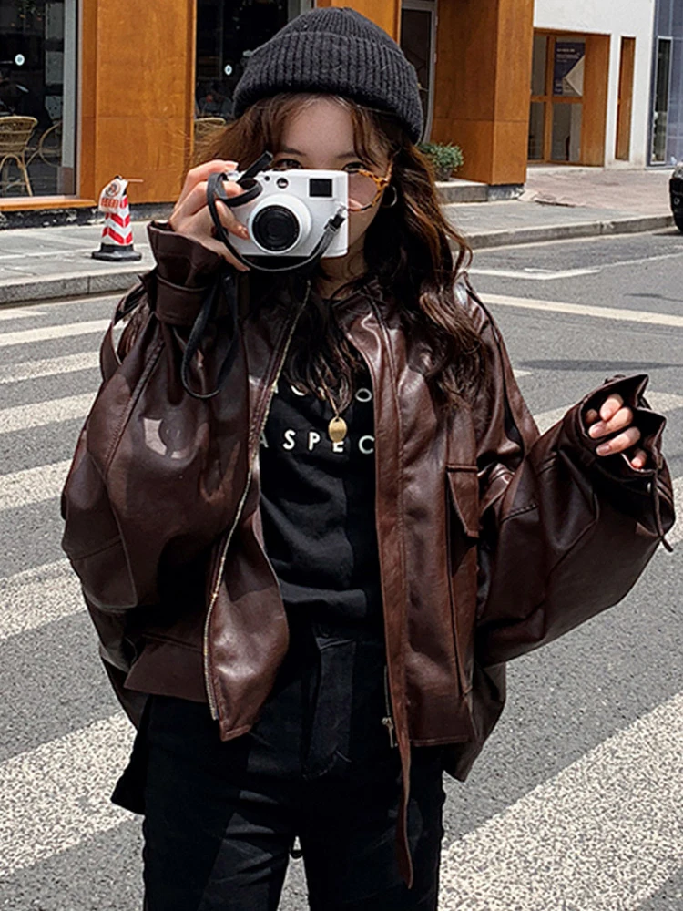 Lautaro Spring Short Oversized Brown Soft Light Faux Leather Jacket Women Long Sleeve Black Loose Autumn Korean fashion 2021