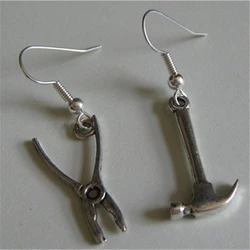 1 Pair of  Pliers and Hammer Assymetrical Earrings Construction Jewelry, Hammer Earrings
