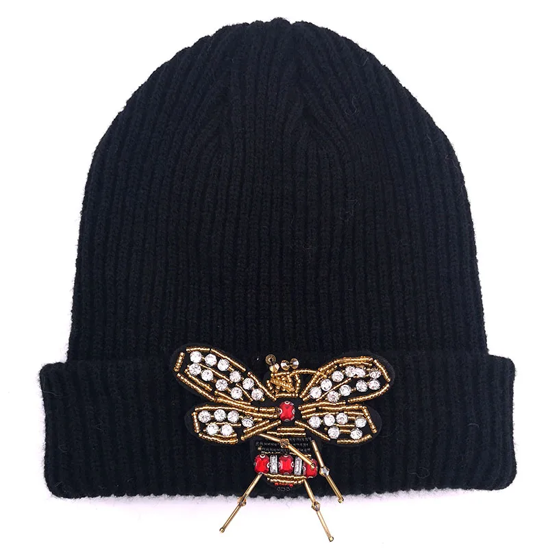 GZhilovingL Winter Bee Rhinestones Beanies hats for Women Ladies Slouchy Soft Knit Skullies Hats Caps Femmel Girls Bonnet Gorros