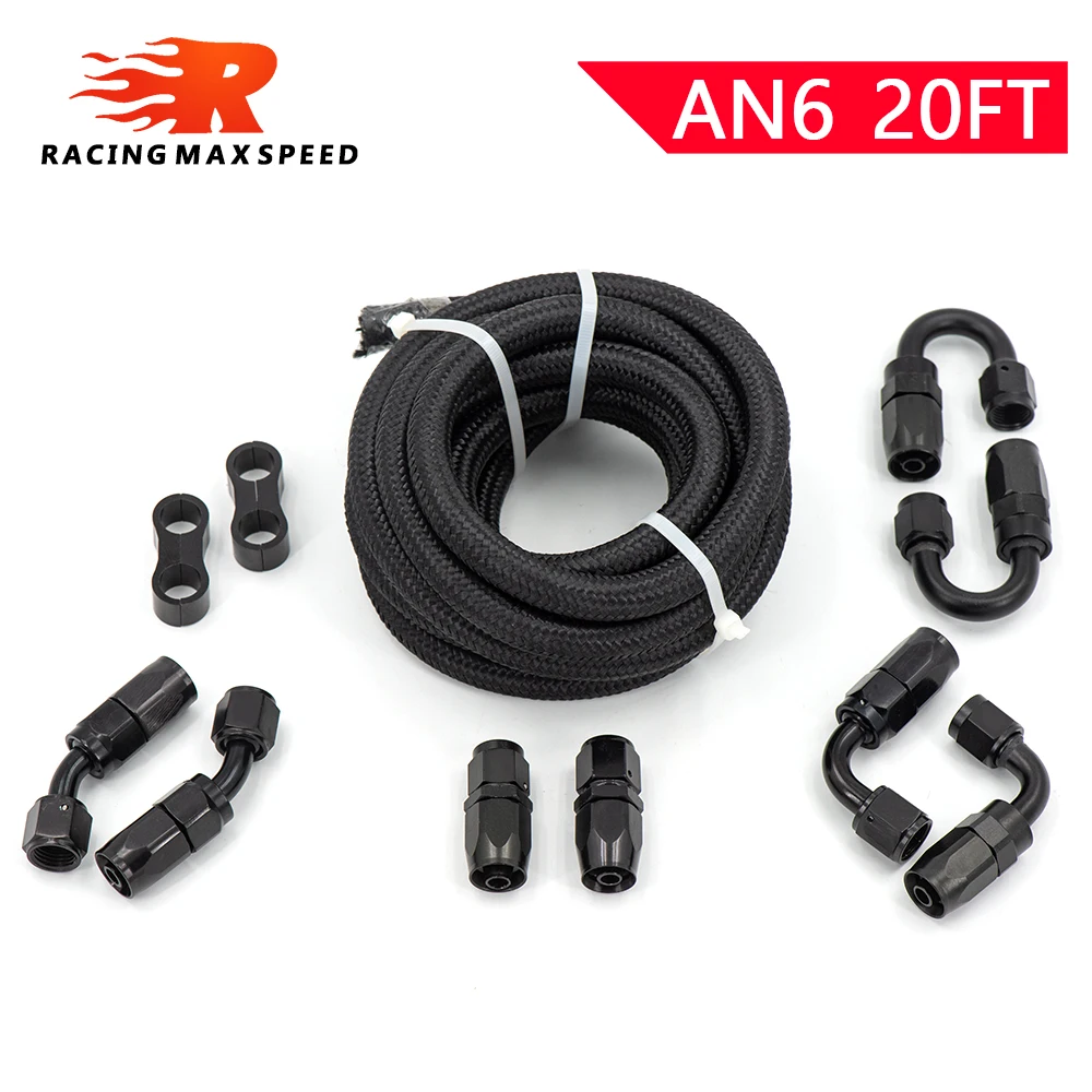 10FT 20FT 6AN AN6 Braided Nylon Hose Fuel Pipe Oil Cooler System Adapter Kit 6AN 0/45/90/180Degree Hose End Fitting