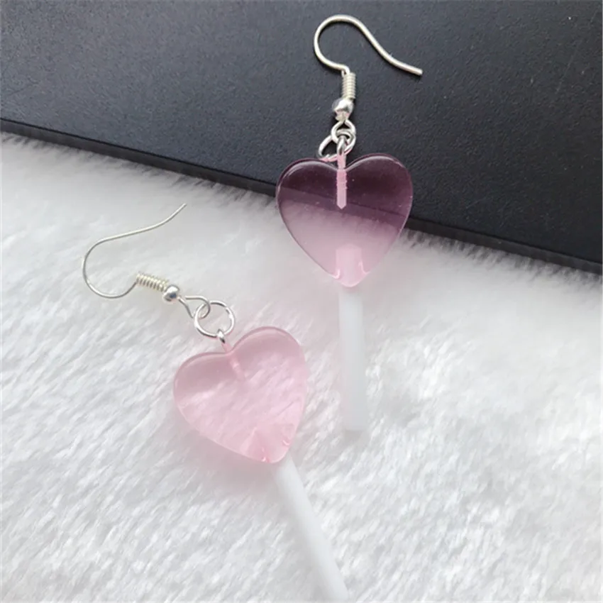 1Pair Cute Woman Drop Earrings Flatback Resin Heart Lollipops Multicolor Candy Fashion Jewelry For Girl