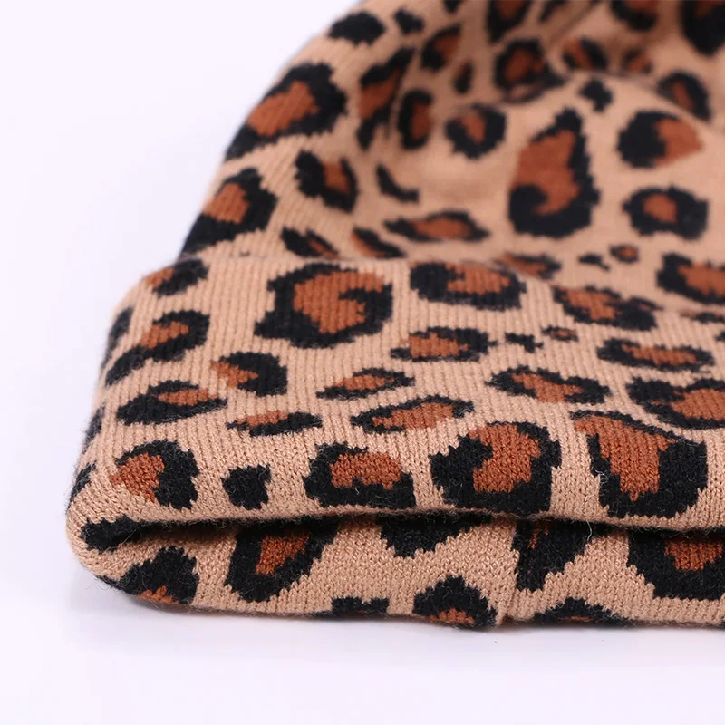 Leopard Print Unisex Hat And Scarf Set Autumn Winter Double Beanies Skullies Hats For Women Elasticity Warm Scarves Pom Pom Hat