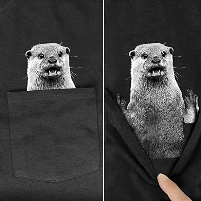 CLOOCL Funny Otter T-Shirt Pocket Animals Printed T-shirt Men for Women Shirts Tops Cartoons Cotton Black Tees Dropshipping