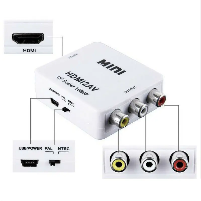 HDMI TO AV Scaler Adapter HD Video Composite Converter Box HDMI to RCA AV/CVSB L/R Video 1080P Mini HDMI2AV Support NTSC PAL