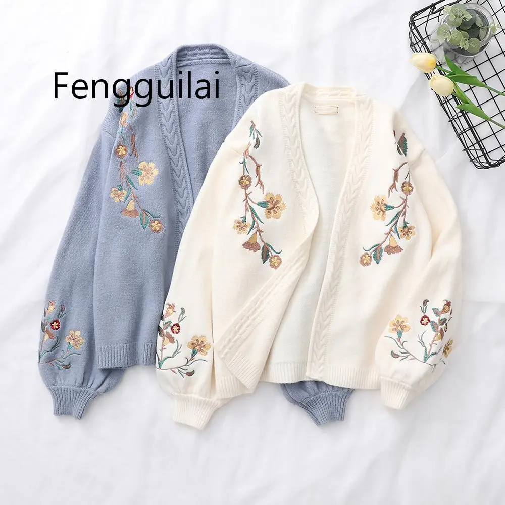 

Spring Lantern Sleeve Flower Embroidery Knitting Sweater Cardigans Autumn Preppy Style Mori Girl Student V-neck Loose Cardigan