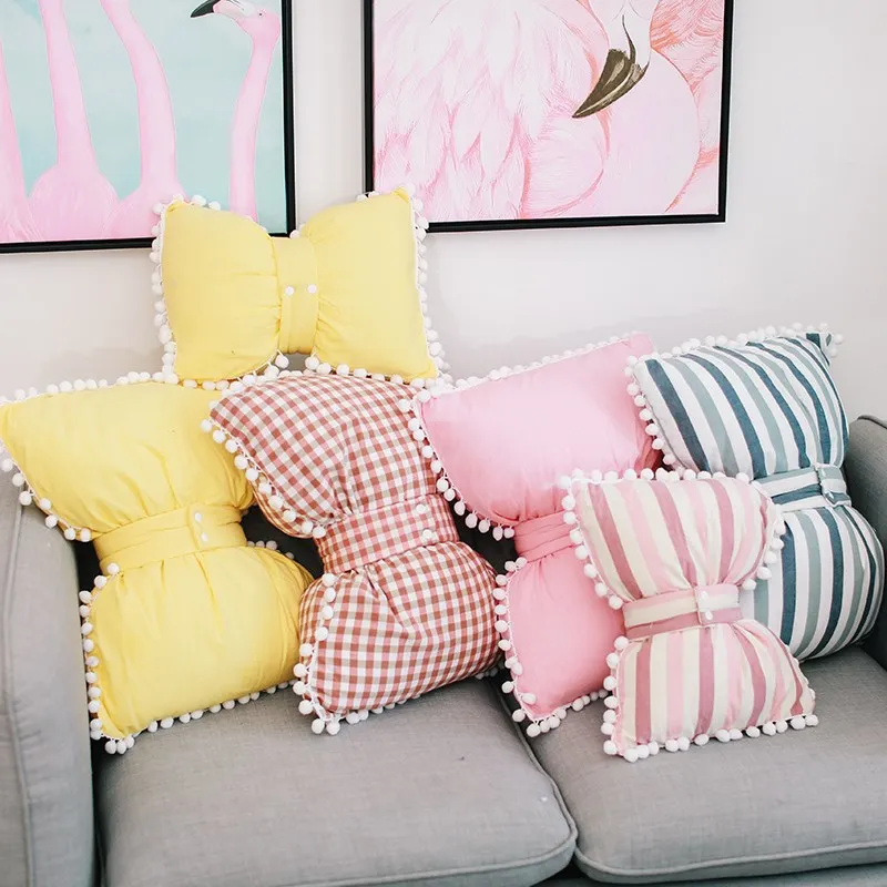 Ins Hot Cotton Bow Sofa Throw Pillow girly Bedroom Bay Window decoration Cushion cute bed Stripe Houndstooth Bow Sleeping Pillow