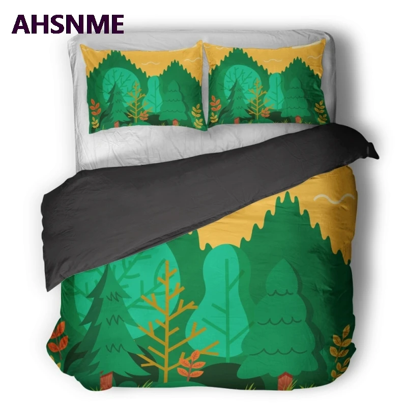 AHSNME Green Summer Forest Quilt cover Set Simple Flat Forest Tree Pattern Polyester King Bedding Set can customize your design