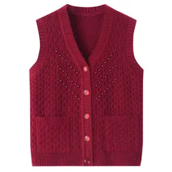 XL-4XL Middle Aged Mother Waistcoat Autumn Outer Wear Knitted Vest Korean Oversized Sweater For Women Winter Beaded Top Female