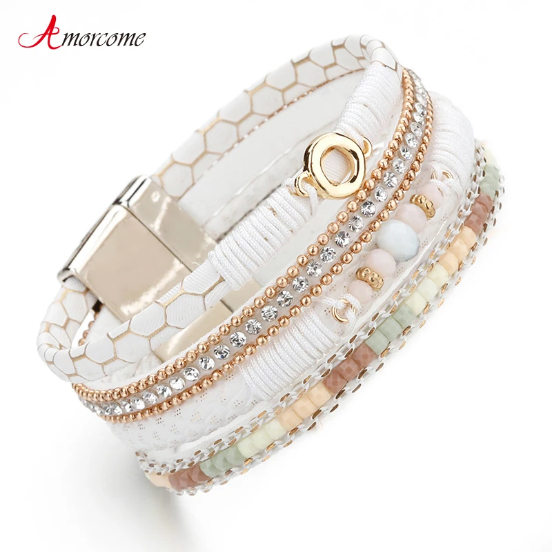 Amorcome White Leather Bracelets for Women Rhinestone Crystal Metal Charm Wide Multilayer Wrap Bracelets & Bangles Jewelry