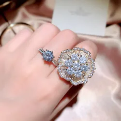 Luxury Fine Jewelry Rings For Women 925 Stereoscopic Flower White Cubic Zirconia Temperament Index Finger Ring High Quality