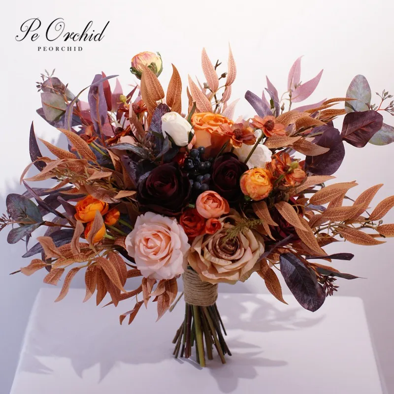 PEORCHID Autumn/Fall Coffee Color Big Wedding Bouquet Rose Mixed Fake Bouquet Artifical Bride Holding flowers Boque De Noiva