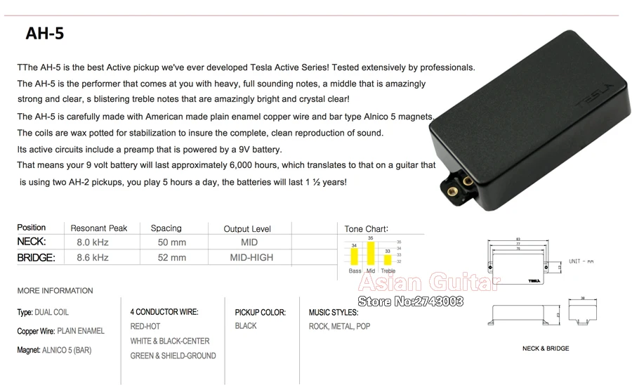 Tesla pickup Ah-5 (active) humbucker pickup, black color, the best active pickup, neck or bridge position