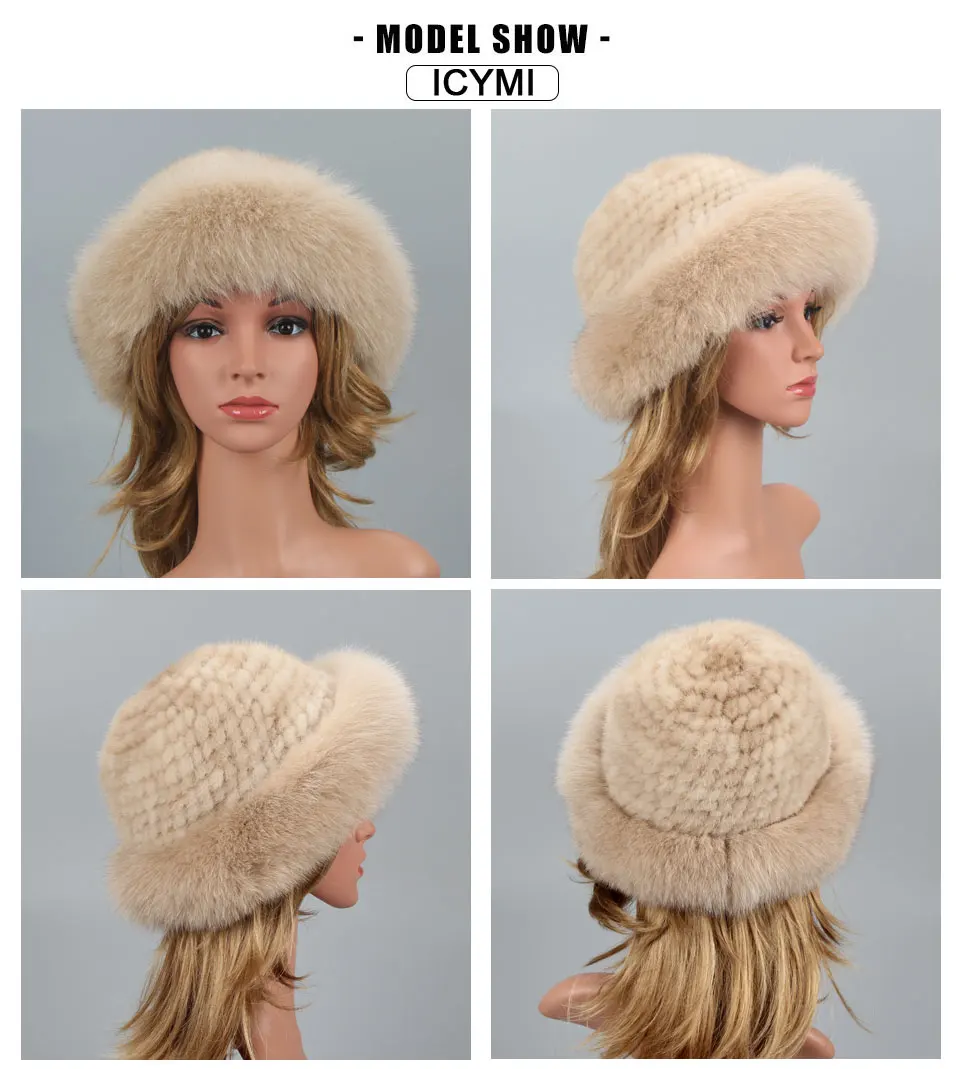 Echte Pelzmütze Winter für Frauen Mütze natürliches Nerzfell mit Fuchs pelz Mützen Luxus russische Sonne stricken Eimer Hut Hauben Mode – Detail 6