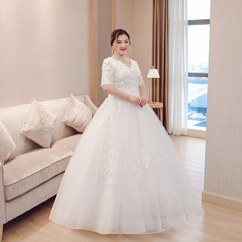 Novo vestido de casamento profundo decote em v meia mangas baratos princesa vestidos de baile branco appliqeus elegante rendas até vestidos de casamento longos b005