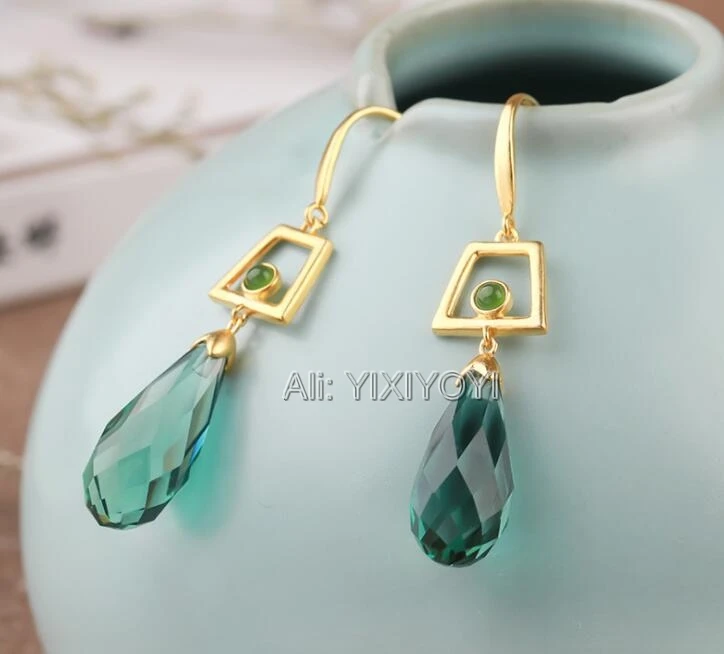 925 Silver Dropping Round Green Crystal Hollow Dangle Earring Retro Vintage Lucky Earrings for Woman Charming Fashion Jewelry