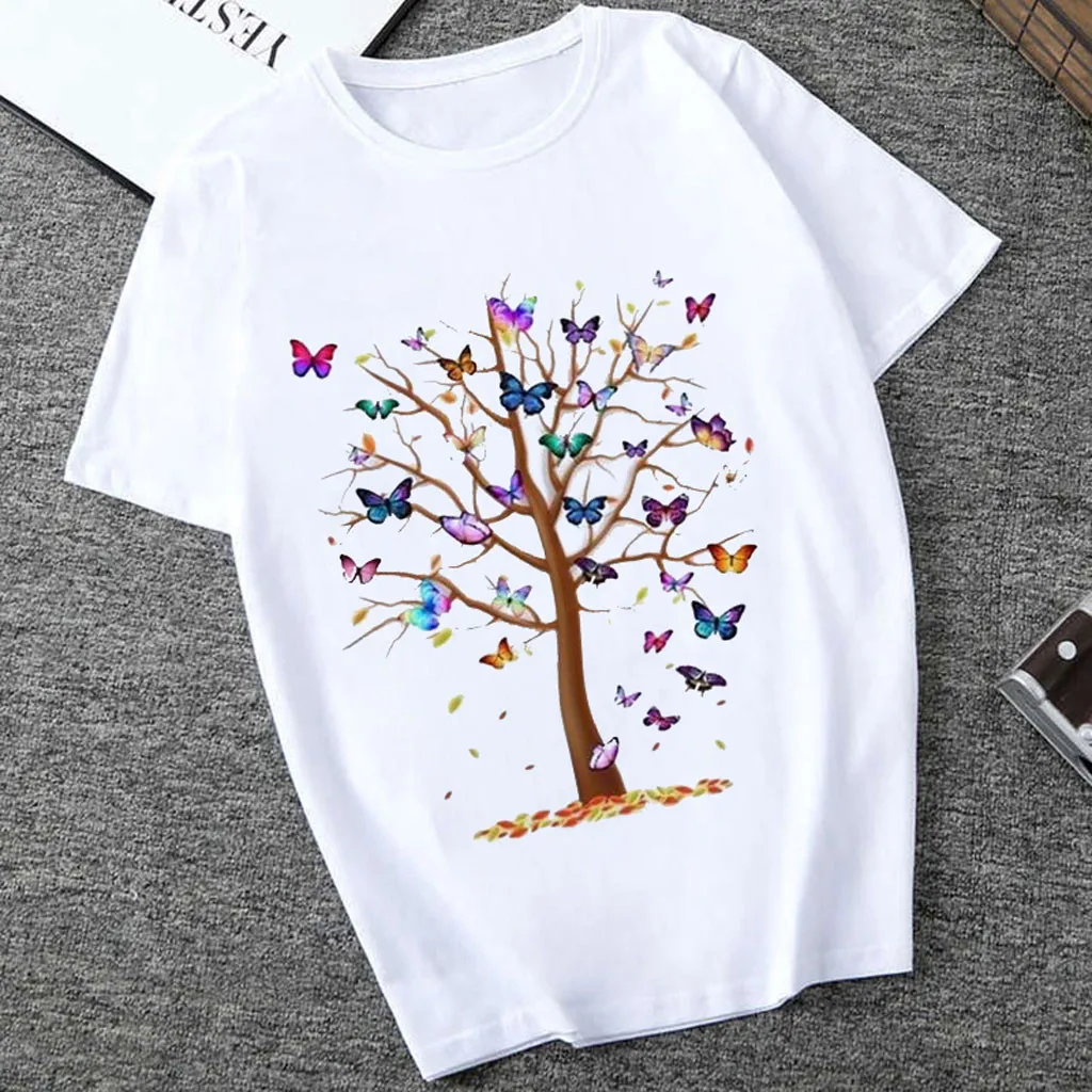 Frau Schmetterling Baum Print Harajuku Sommer T-shirts Casual Rundhals Kurzen Slee Top T Shirt,Drop Schiff