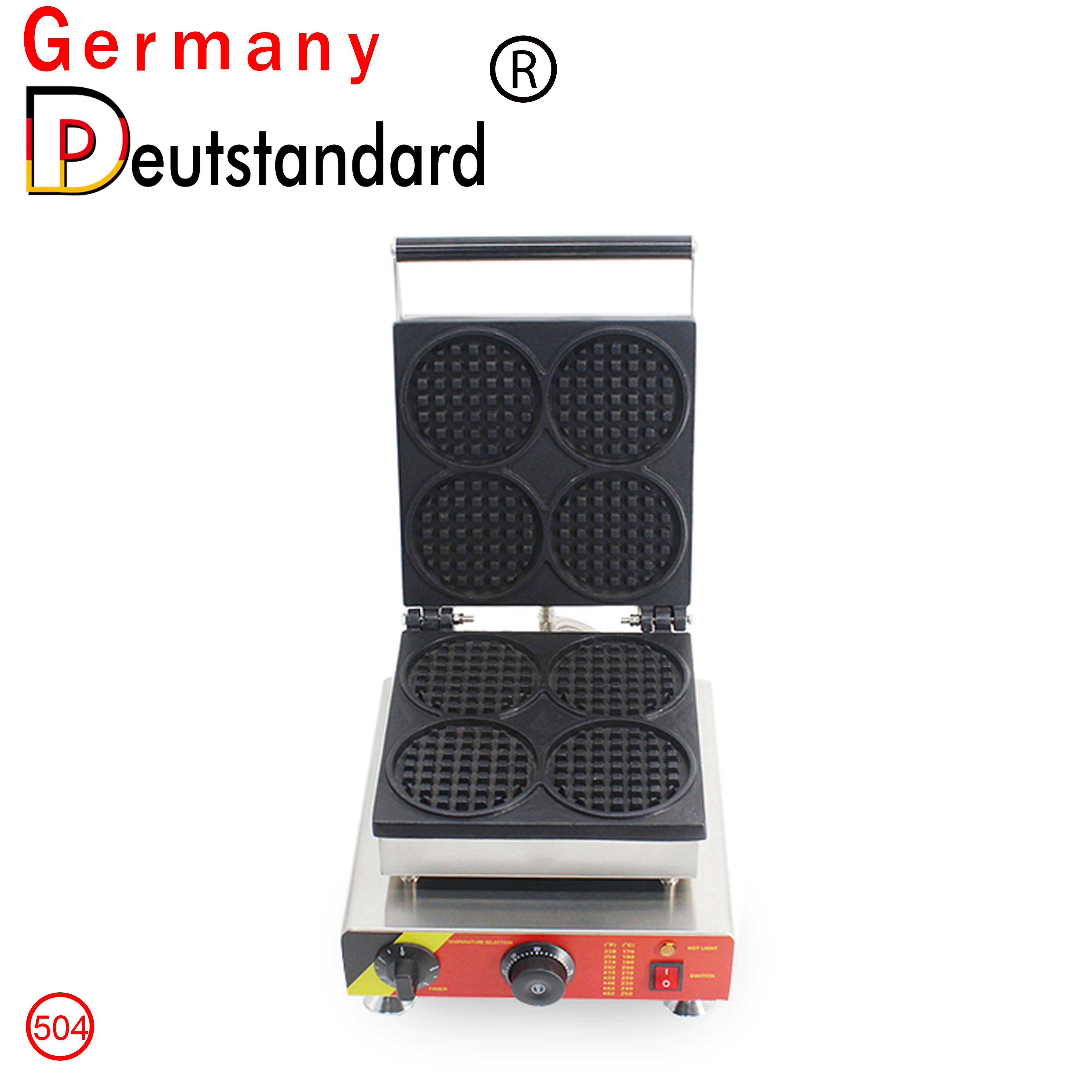 Mini máquina para hacer gofres de forma redonda, de acero inoxidable #201, para uso comercial, con CE, 4 unidades