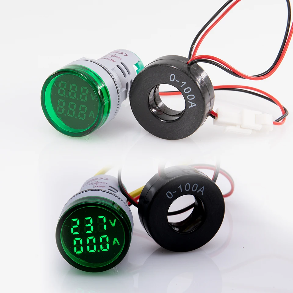 Mini Digital Voltmeter Ammeter 22mm Round AC 50-500V 0-100A Amp Volt Voltage Tester Meter Dual LED Indicator Pilot Lamp Light