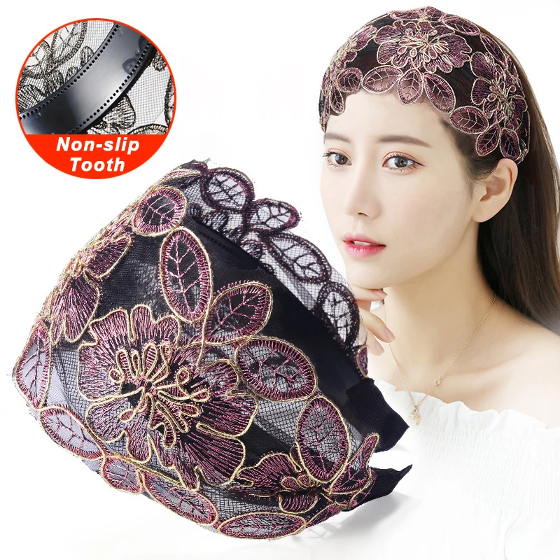 Lace Flowers Headband Wide Women Hair Hoop Head Bands Toothed Non-slip Elastic Hairband Bezel Hair Accessories Headdress