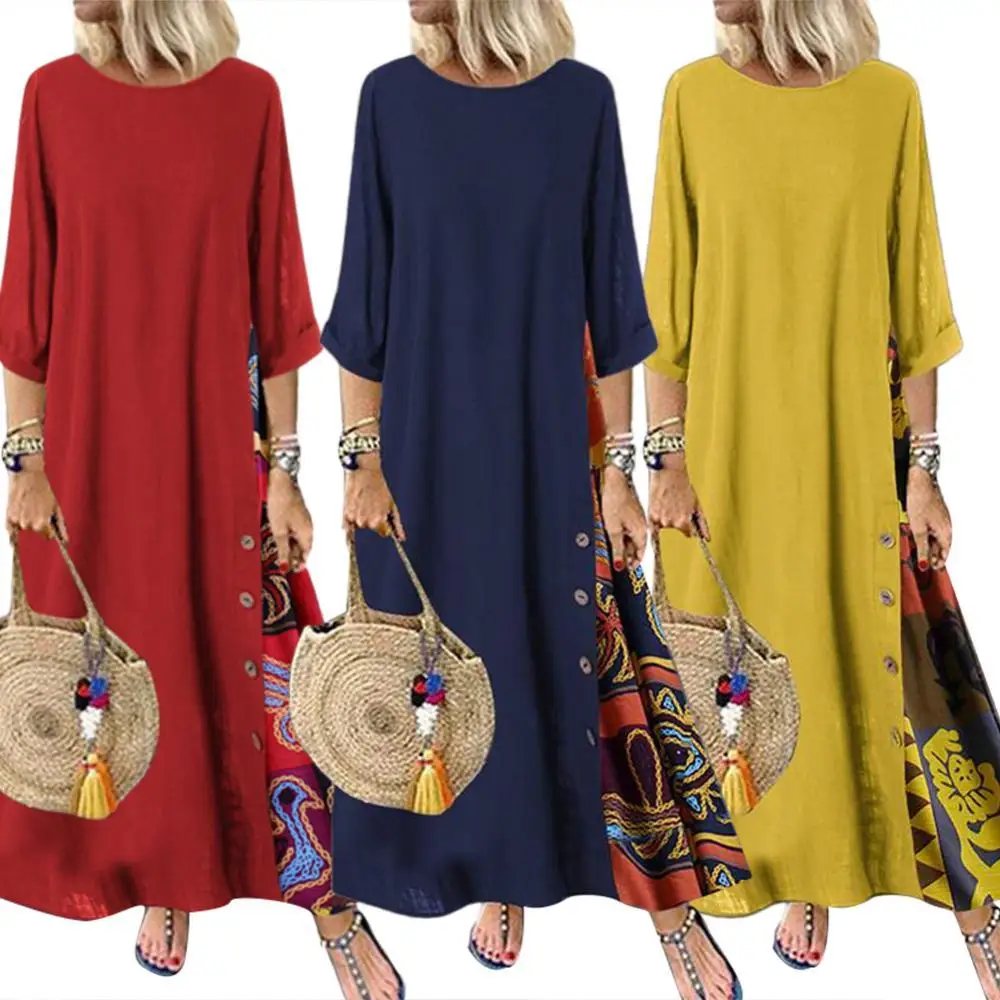 

80% Hot Sell 2021 Off Plus Size Women Vintage O Neck 3/4 Sleeve Side Buttons Printed Loose Long Dress Oriental Dresses