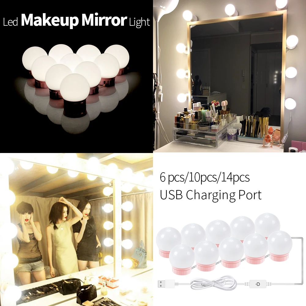 Vanity Mirror Light USB Cosmetic Lamp LED Makeup Bulb 5V LED Hollywood Dressing Table Lighting Bathroom Wall Lamp 2 6 10 14 PCS