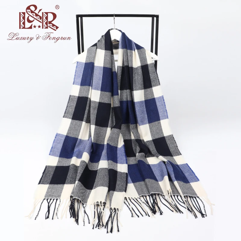 Foulard jesień ciepły kaszmir zimowy szalik w paski Plaid wysokiej jakości długi Tassel kobiety zagęścić szal do opatulania się panie wełna Pashmina