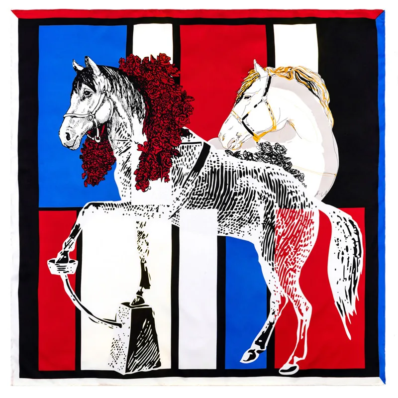 POBING Manual Hand Rolled Twill Silk Scarf Women Horse Print Square Scarves Echarpes Foulards Femme Wrap Lady Bandana Hijab 90CM