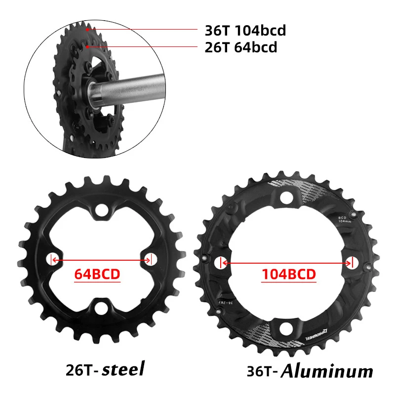 PROWHEEL 104/64BCD Bike Chainring Double Speed Chainring 26T 28T 36T 38T Road Mountain Bike Chainwheel Bicycle Part