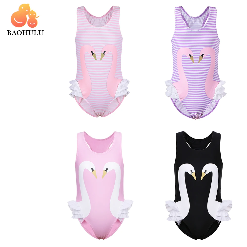 BAOHULU Baby Girls Swimsuit Sleeveless Sun Protection Swimwear Cartoon Swan Print Beach Wear Bathing Suit