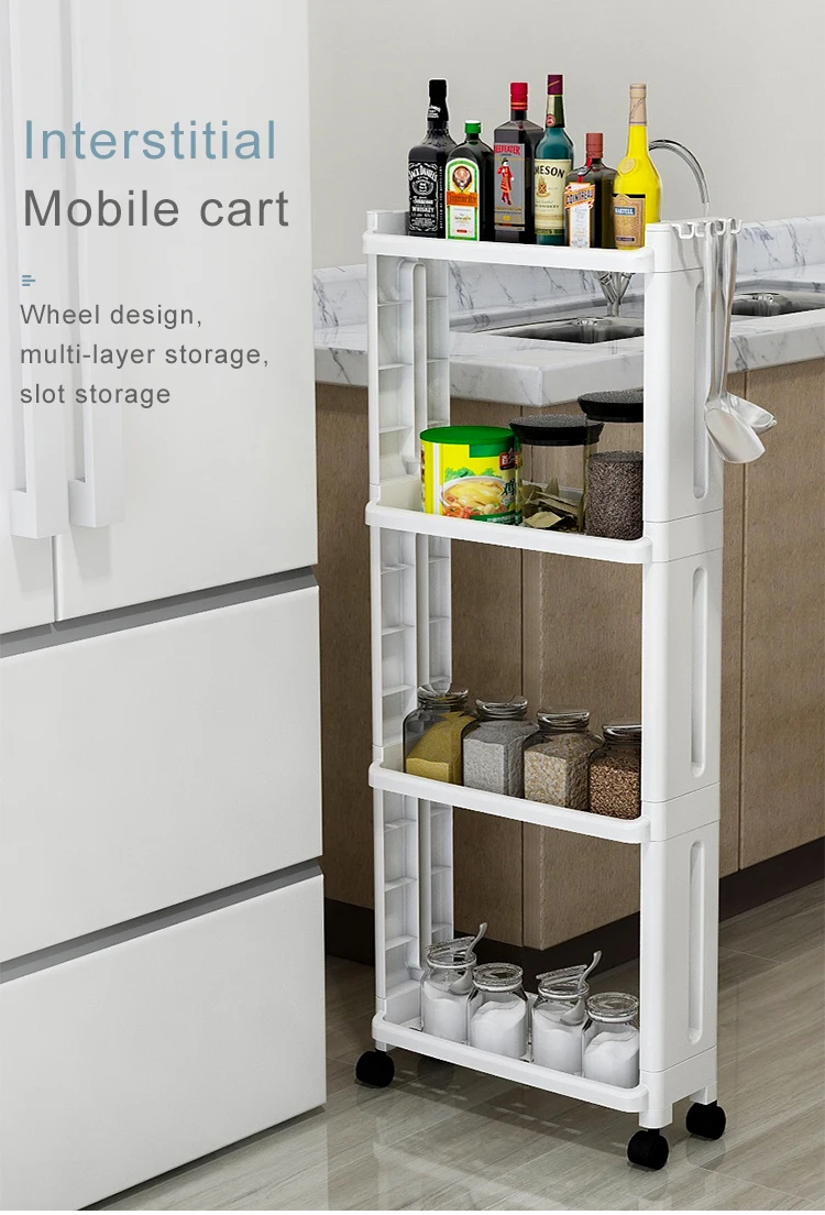 Küchen-Aufbewahrungsregal für Lebensmittel, Kühlschrank-Seitenregal, 2/3/4-lagig, abnehmbar, mit Rollen, Badezimmer-Organizer, Regal für Spalten, neu – Detail 1