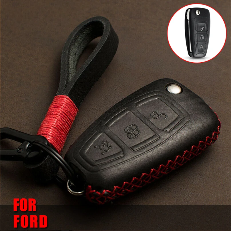 

High Quality Genuine Leather Car Key Case Key Cover Holder for Ford Focus MK3 Mondeo Fiesta Kuga ECOSPORT ESCAPE RANGER Keychain