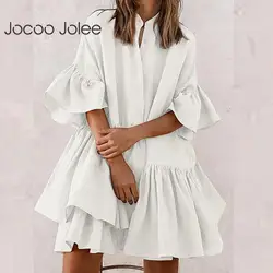 Jocoo Jolee kobiety eleganckie falbany luźna Mini sukienka Casual pół rękawa jednolite, nieregularne sukienka oversize plaża suknia wieczorowa