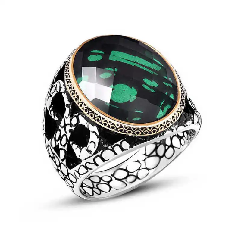 Silver Green Zircon Stone Men's Ring - 925 Sterling Men's Jewelry Wedding Birthday Gift - Box - Zircon Stone - Men - Fashion - Botiva - Size - Turkish - Patterned Embroidery