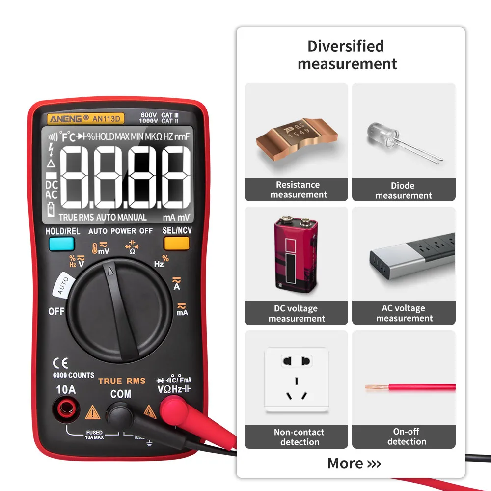 ANENG AN113D Digital Electrical Multimeter 6000 Counts DC/AC Current Voltage Tester True RMS Auto Ranging LCD Meters