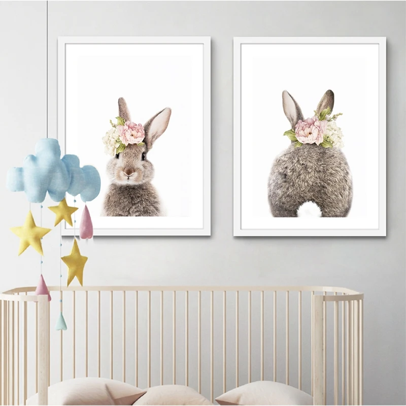 Girls Bedroom Decor Bunny Rabbit Nursery Wall Art Canvas Poster and Print Watercolor Flowers Animal Painting Pink Roses Picture