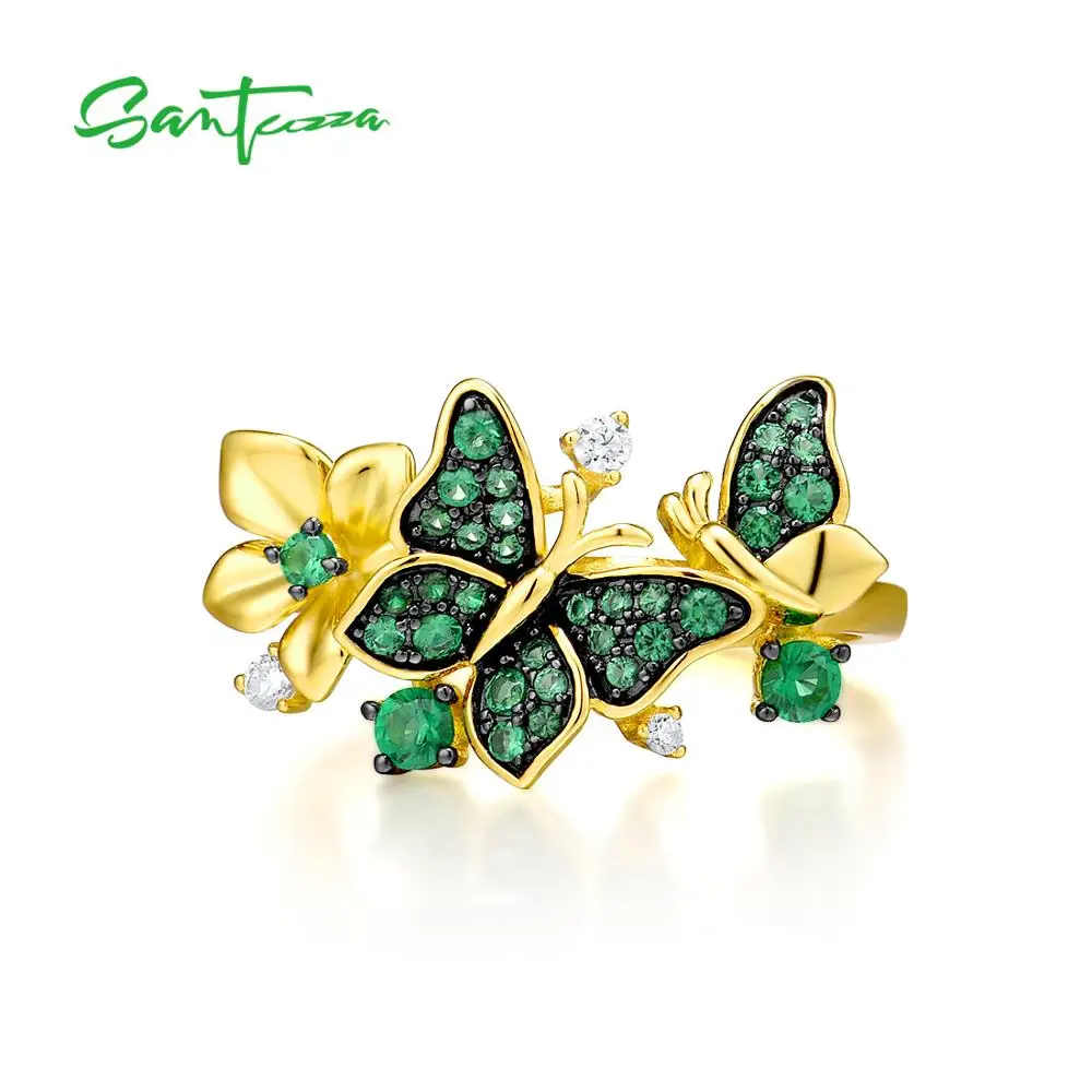 SANTUZZA Silver Ring For Women 925 Sterling Silver Butterfly Gold Color Shiny Green Spinel Elegant Trendy Party Fine Jewelry 2