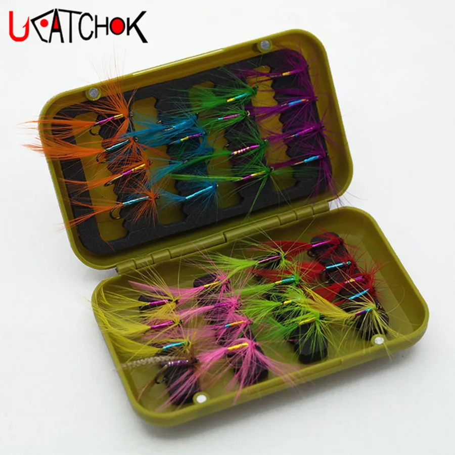 32pcs/box Dry Fly Hooks Tackle Tool Kits Fishing Trout Flies Carbon Steel Butterfly Style Fish Lures Plastic BOX Hooks SET gear