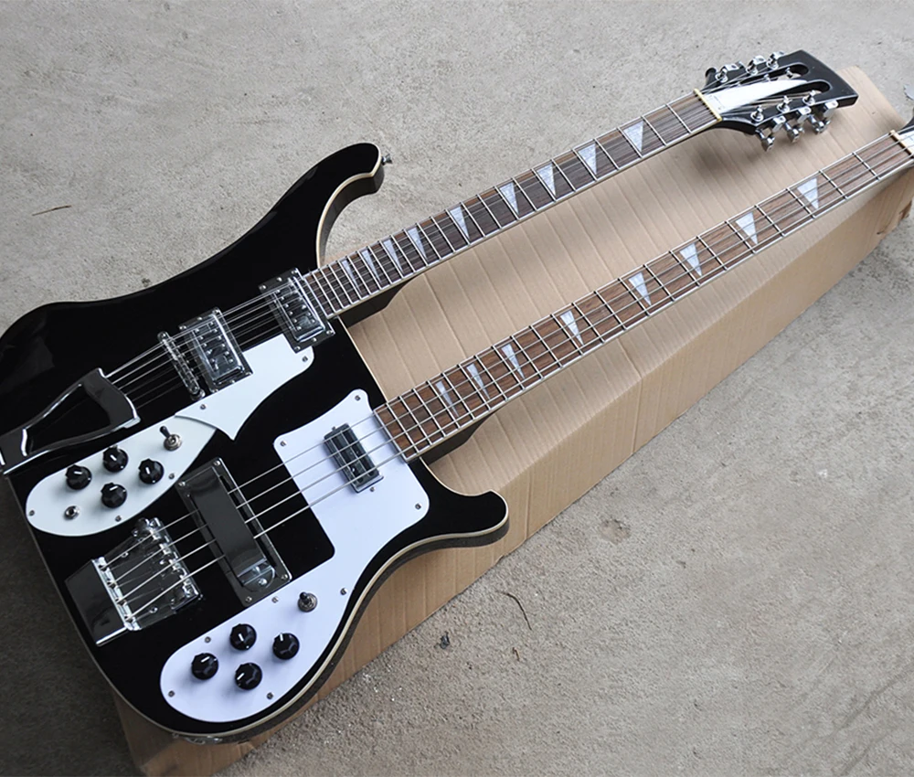 

Black 12+4 Strings Double Neck Electric Guitar with White Pickguard,Rosewood Fretboard,Can be Customized