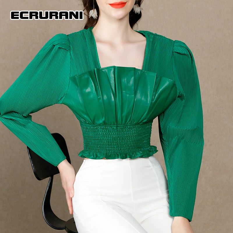 

ECRURANI Green Casual Patchwork Shirts For Females Square Collar Long Sleeve Solid Elegant Short Blouse Women's Fashion Clothing