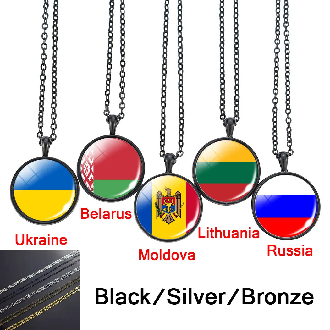 Vintage Europe Country Flag Photo Necklace Patriot Souvenir Pendant Necklaces Women Men Long Chains Jewelry Russia Italy Belarus