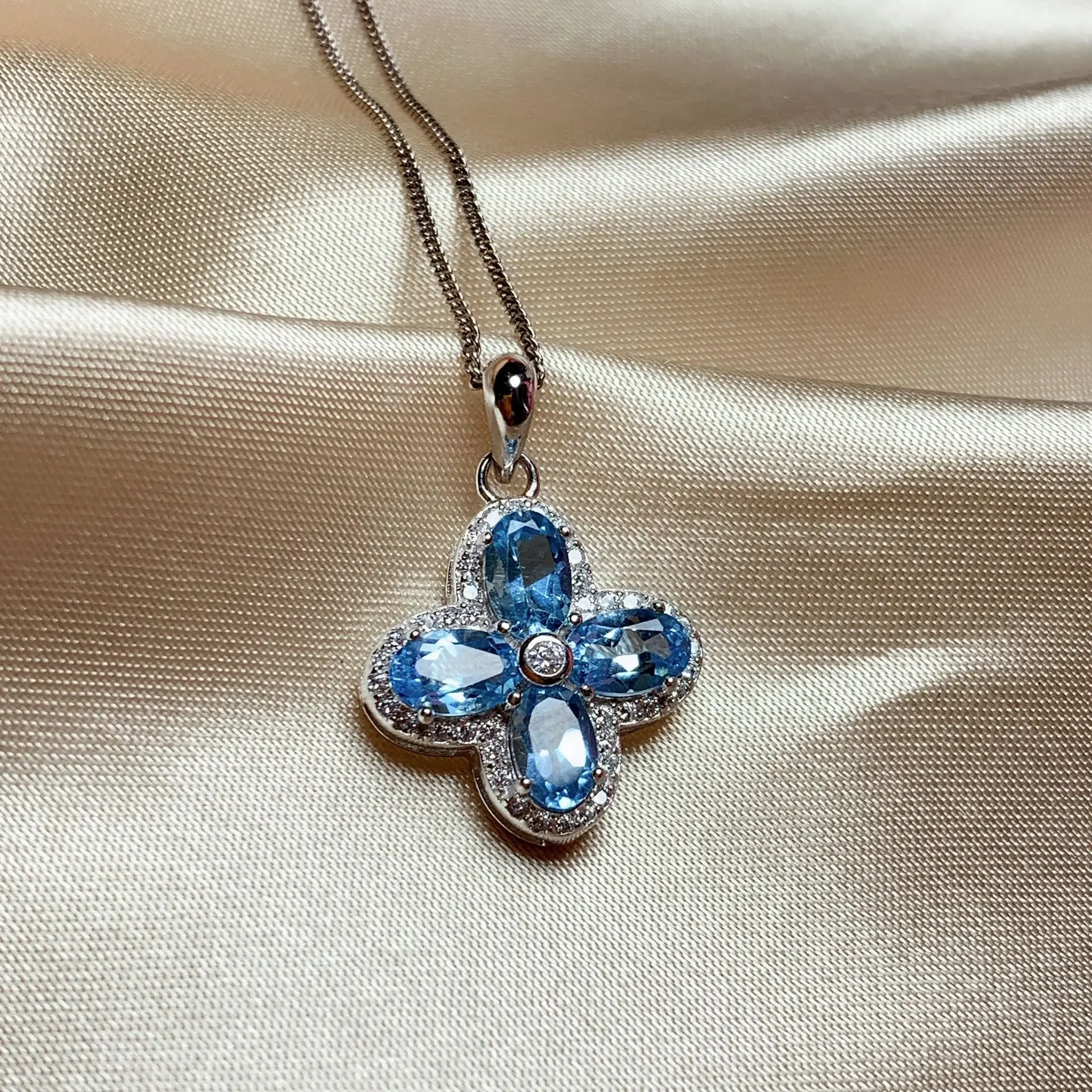 Classic Gemstone Necklace Pendant for Woman 4mm*6mm Natural Blue Topaz Pendant 925 Silver Topaz Jewelry