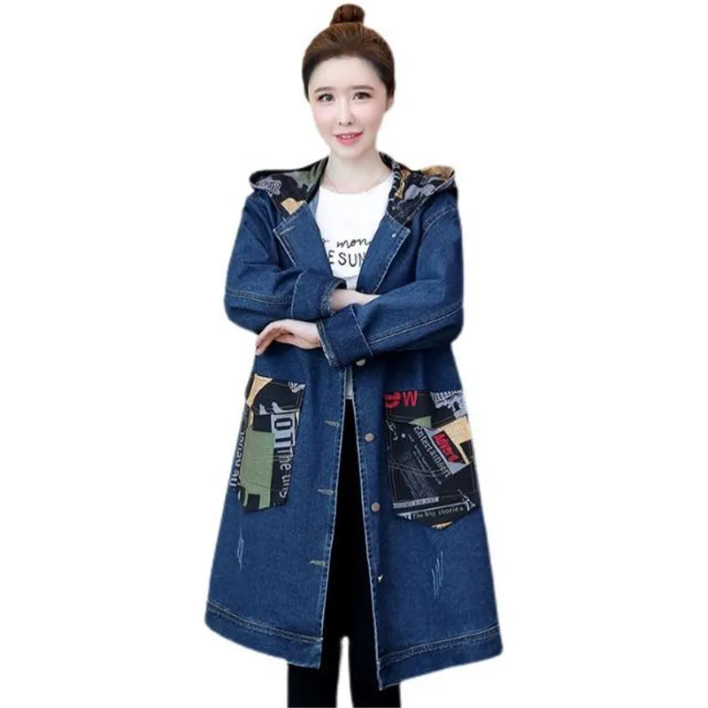 

Women Large Size Denim Jacket 2021Spring Autumn New Female Mid-length Cowboy Coat Ladies Hooded Stitching Pockets Denim Coats D