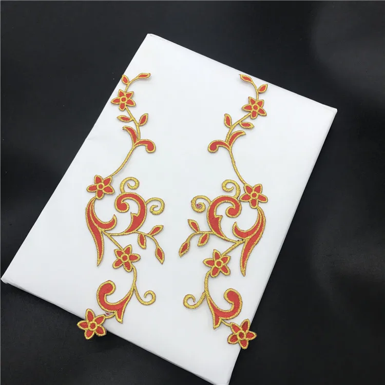 1Pair/20.8X6cm Flower Gold pink Applique Clothing Embroidery Patch Fabric Sticker Iron On Patch Craft Sewing Repair