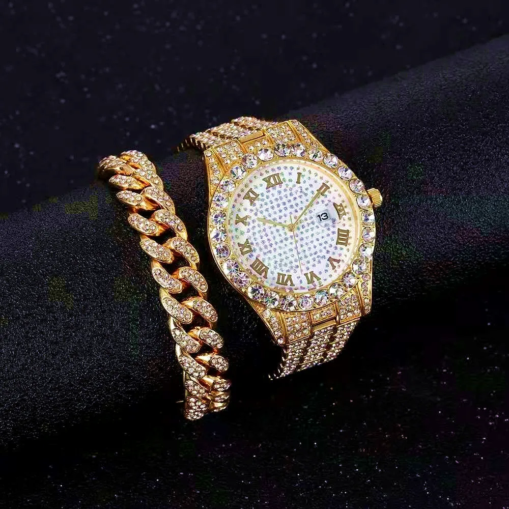 Iced Out Bracelet + Watches for Men Full Iced Out Watch Quartz Wristwatch Hip Hop Gold Diamond Mens Watch Set Reloj Dropshipping