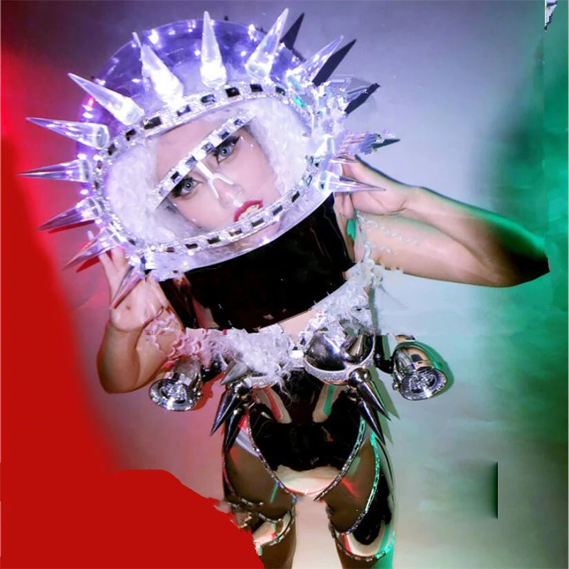 Women Robot Suit Night club bar Catwalk Shows  Sexy Lady Evening Dress Silver Metal Costume Dance Team Outer Space LED Costume