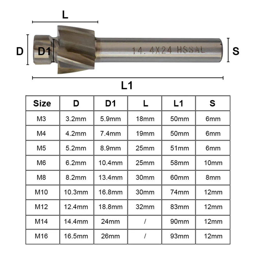 1pc 4 flute hss counterbore end mill M3.2-M16.5 pilot slotting milling tool for wood / metal drilling bench