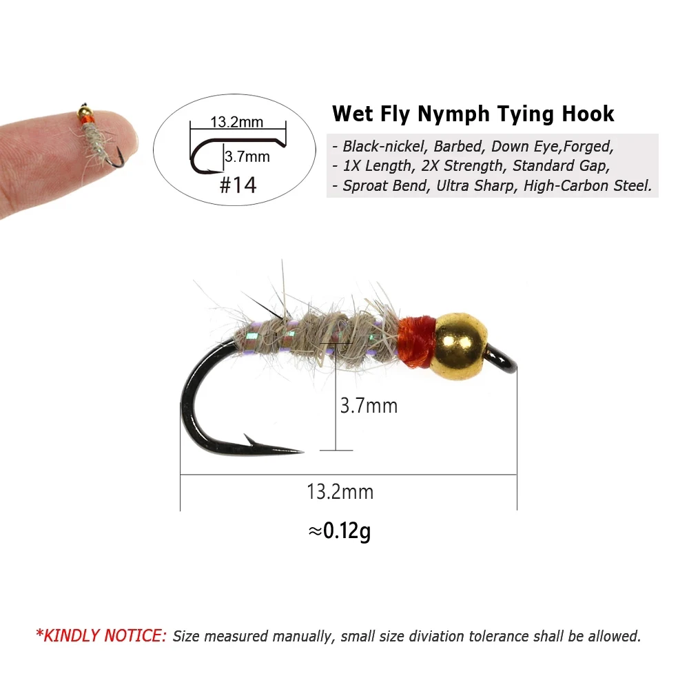 Bimoo 6PCS Brass Beadhead Walt’s Worm Nymph Fly Mayfly Larva Caddis Pupa Imitate Perch Trout Steelhead Fishing Flies Lures Bait