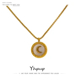 Yhpup Exquisite Moon Natural Shell Collar Necklace Women Stainless Steel Metal Gold Color Chain Necklace Collane Donna Statement