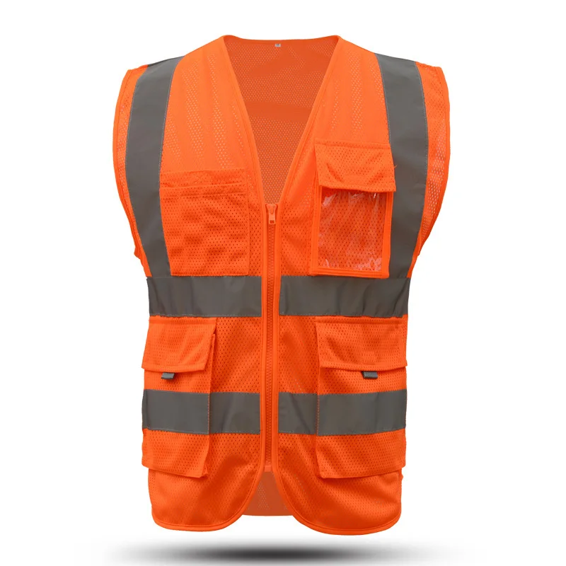 Hi Vis Fluorescent Yellow Safety Vest With Customized Logo Construction Vest Reflective With Pockets And Zipper For Men Workwear